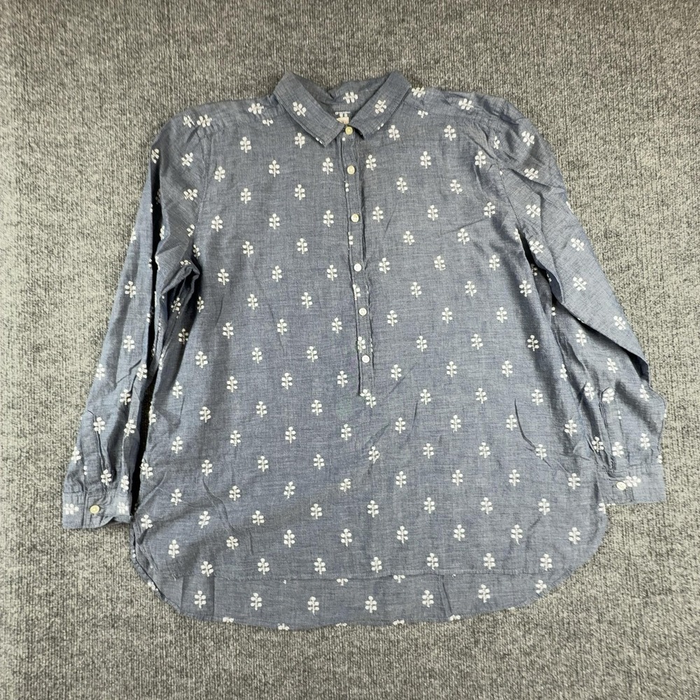 Loft Shirt Womens XL Blue Embroidered Floral Chambray Long Sleeve Tunic Top